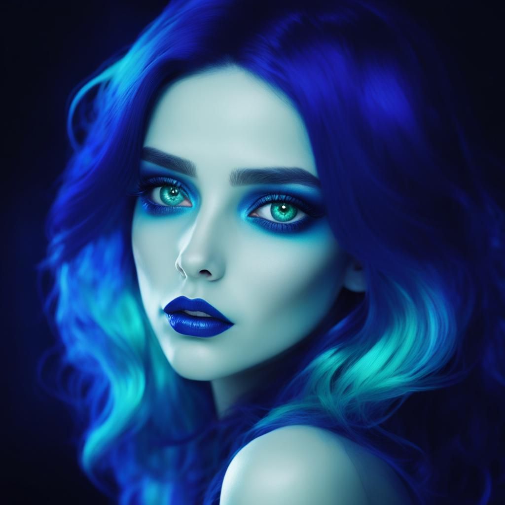 Ethereal gothic beauty with dark blue wavy hair with dark te...