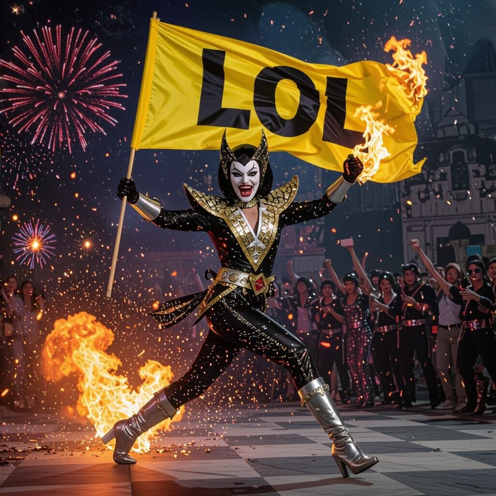 Evil Disco Villain Woman Runs with Flaming LOL Flag