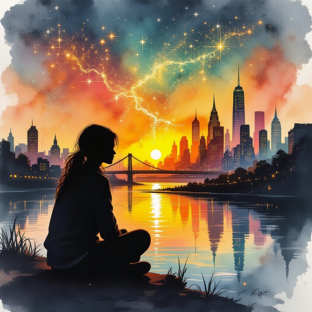 Figure Silhouetted Against Hyperreal Cityscape at Sunrise