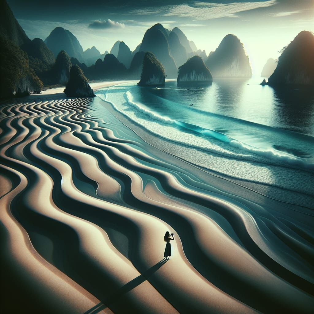 Majestic Ocean Landscape with Woman, Vintage Style