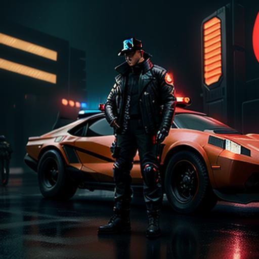 Retrofuturistic Police Officer on Motorcycle