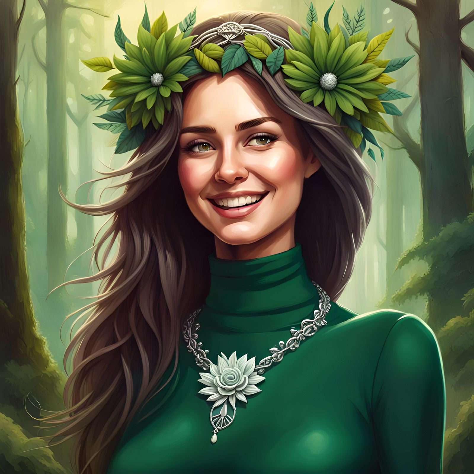 Brunette with Flower Wreath in Summer Forest