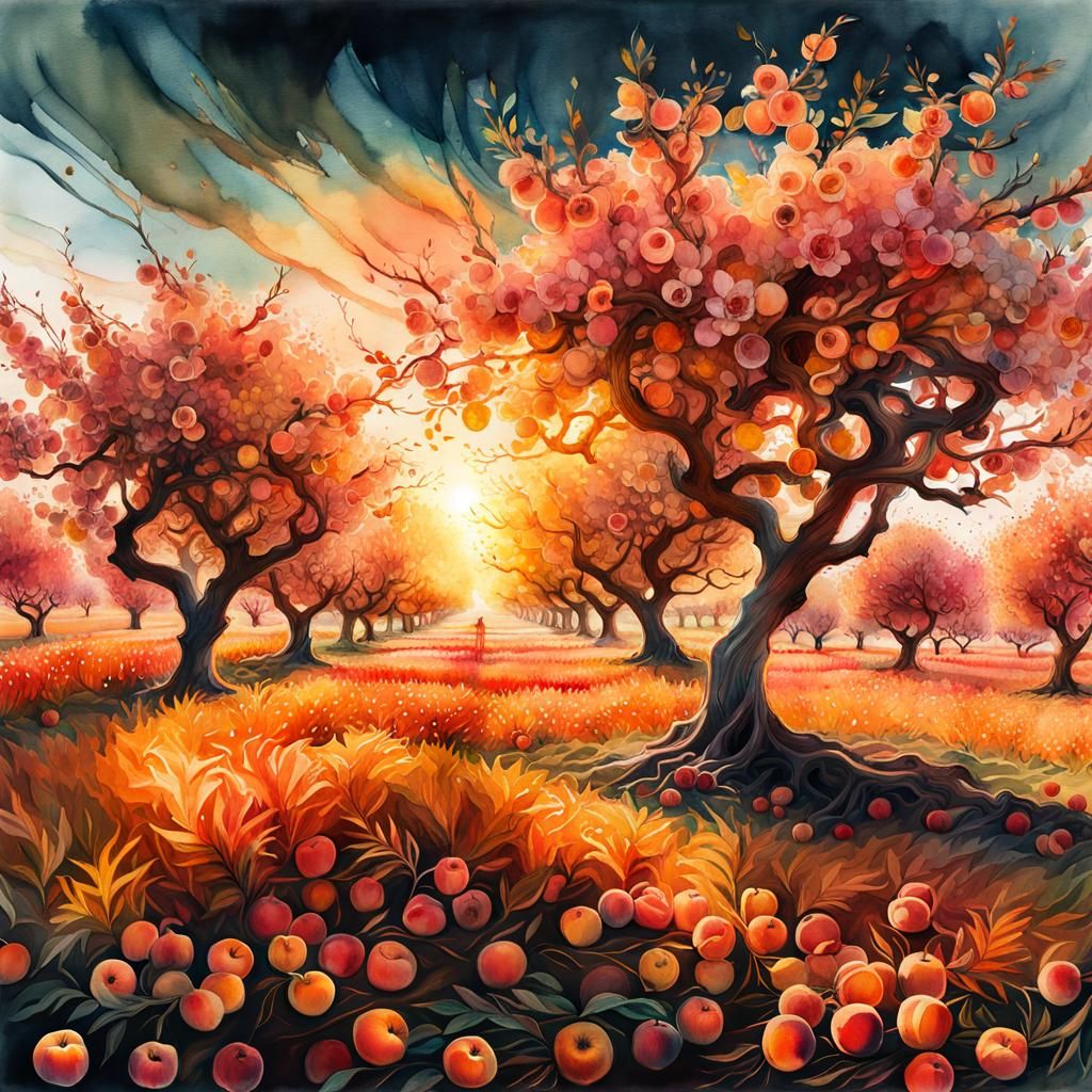 Autumn Peach Orchard Double Exposure Watercolor Illustration