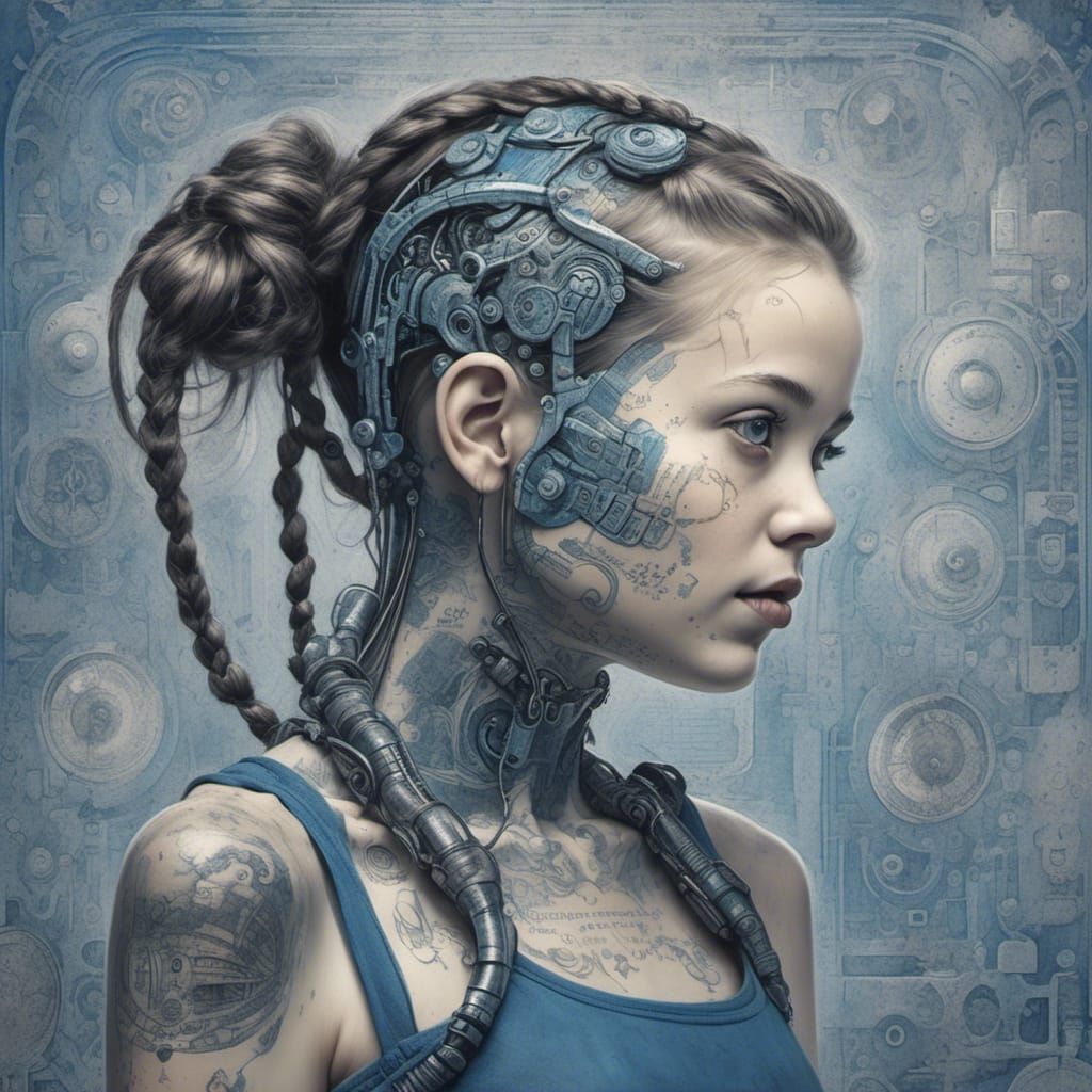 Smiling Cyborg Woman in Floral Dress, Giger Style