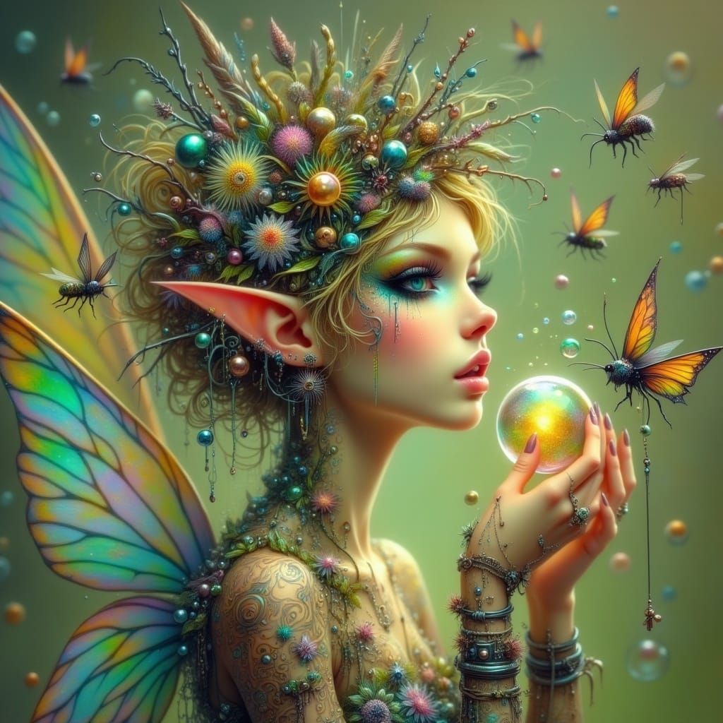 Glowing Fairy Blowing Bubbles in Surreal Style