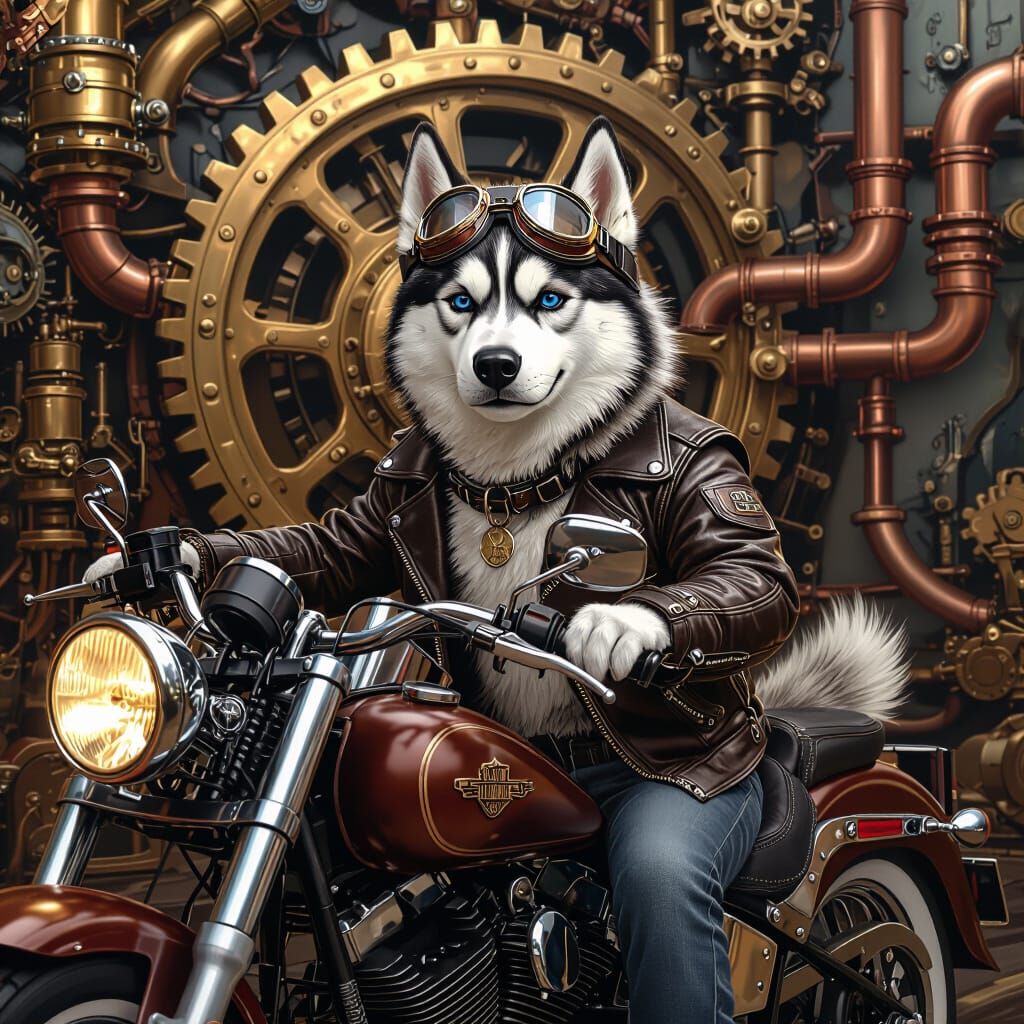 Husky Dog Rides Harley Davidson in Steampunk Style