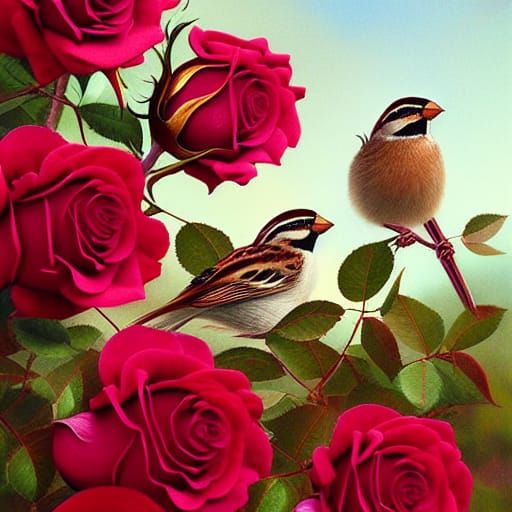 Sparrows Nesting in a Rose Bush: Hyperrealistic Detail