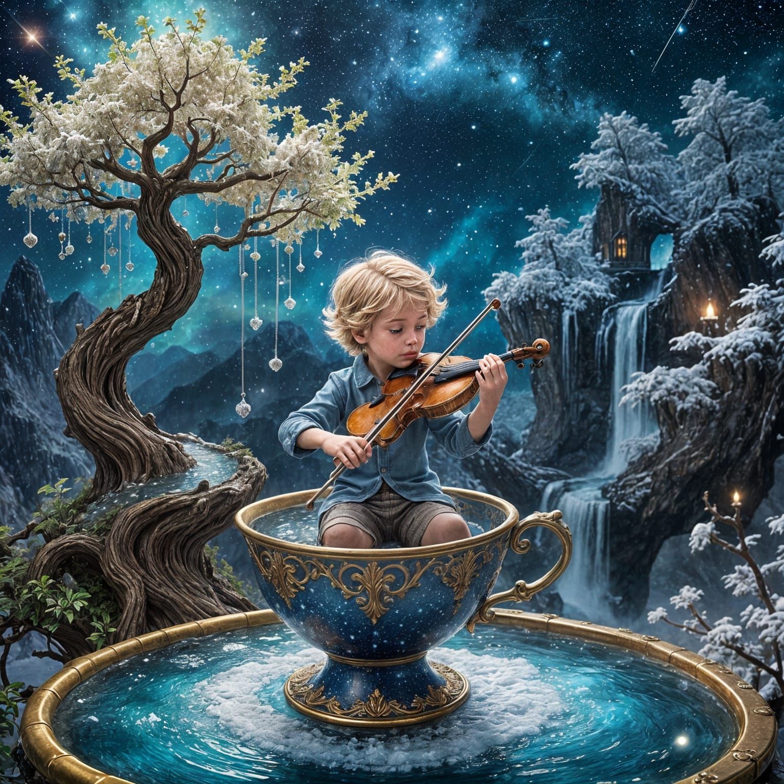 Boy Plays Violin on Teacup Under Magical Tree