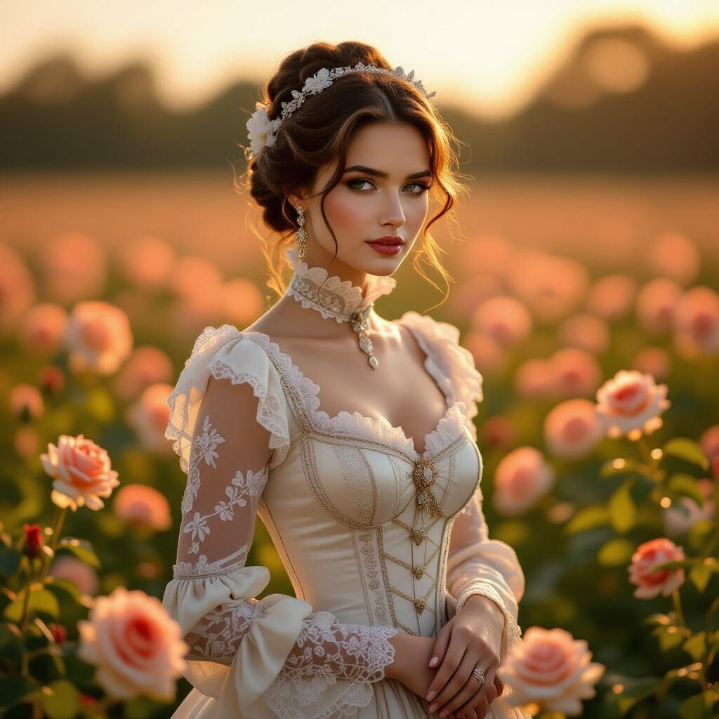 Victorian Woman in Abstract Rose Field, Cinematic Lighting