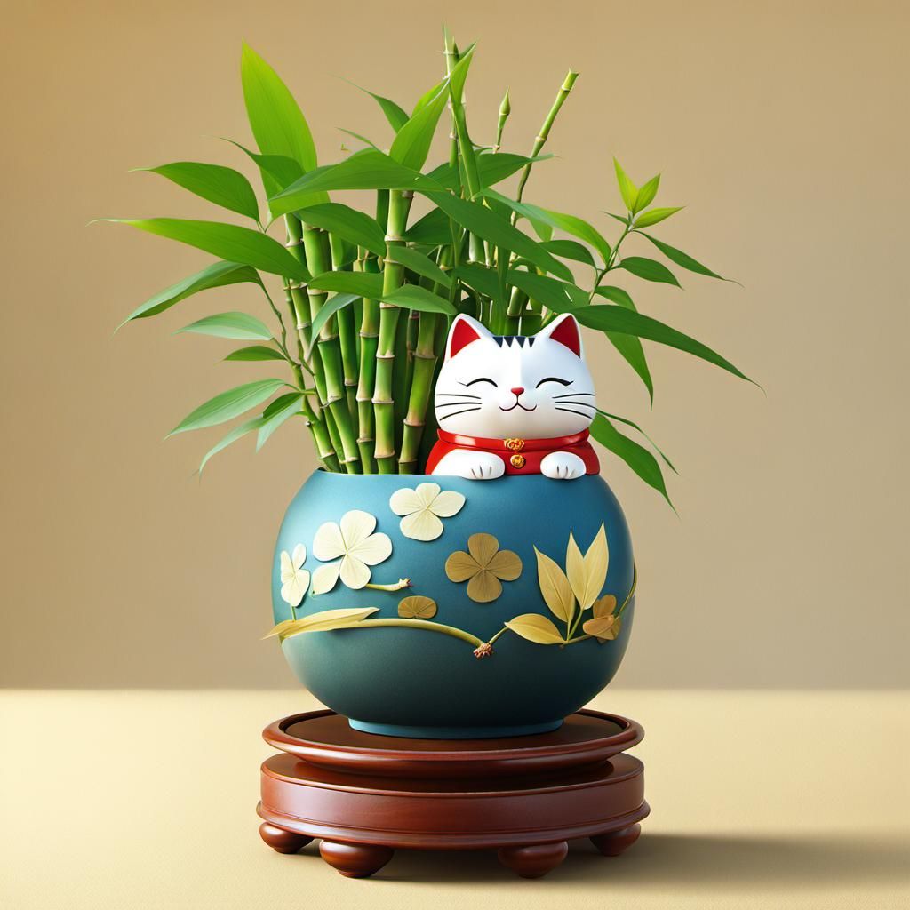 Maneki Neko Cat with Bamboo, Ghibli-esque Style