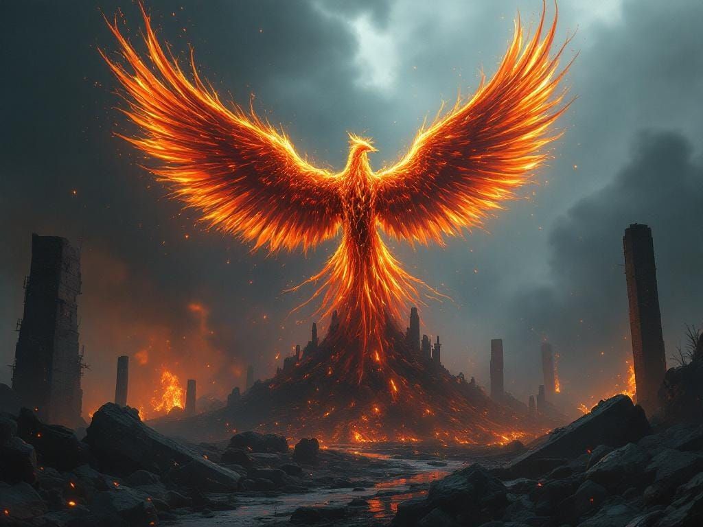 Phoenix Rising from Ashes in Cyberpunk Dystopia