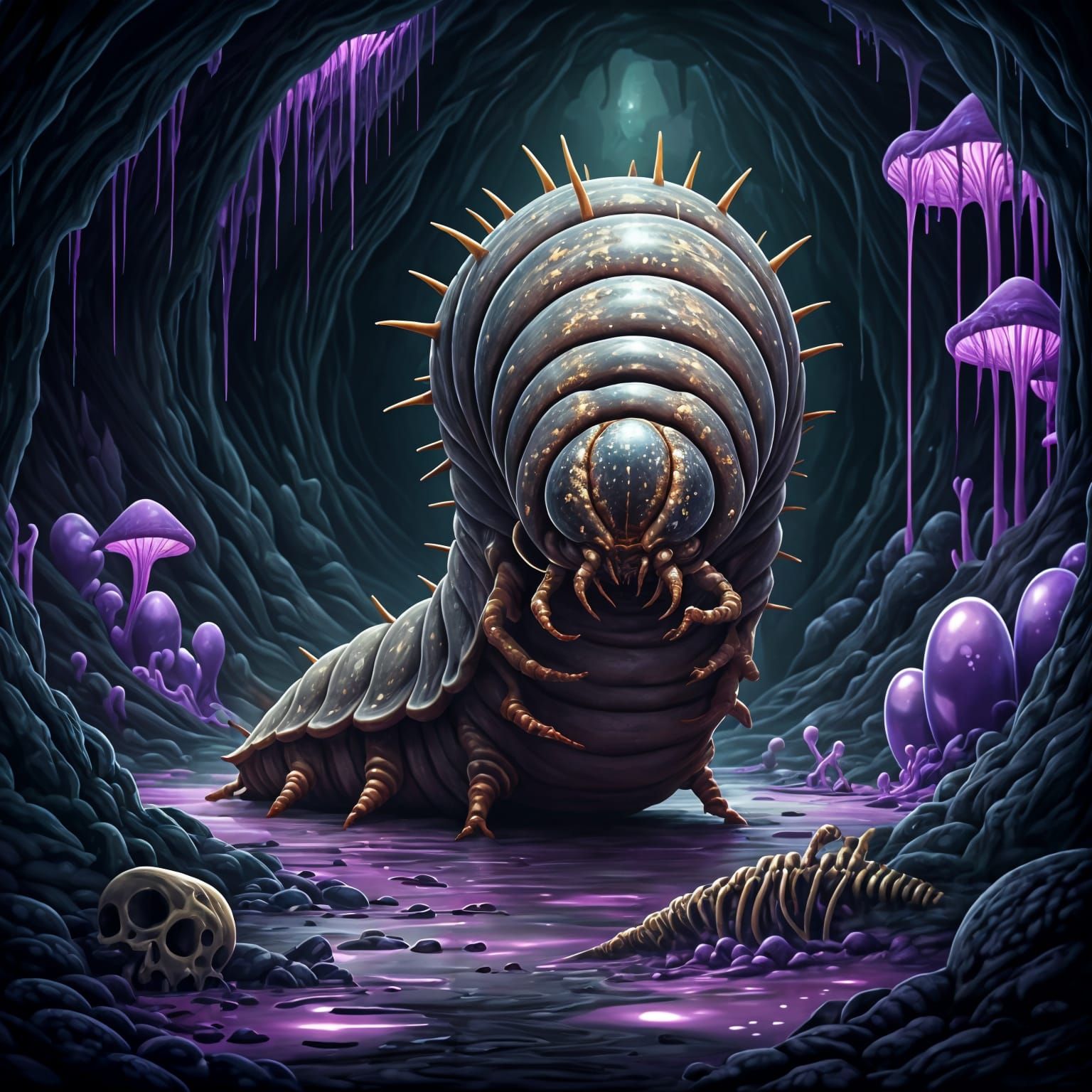 Grotesque Larva Crawling Through Alien Cavern