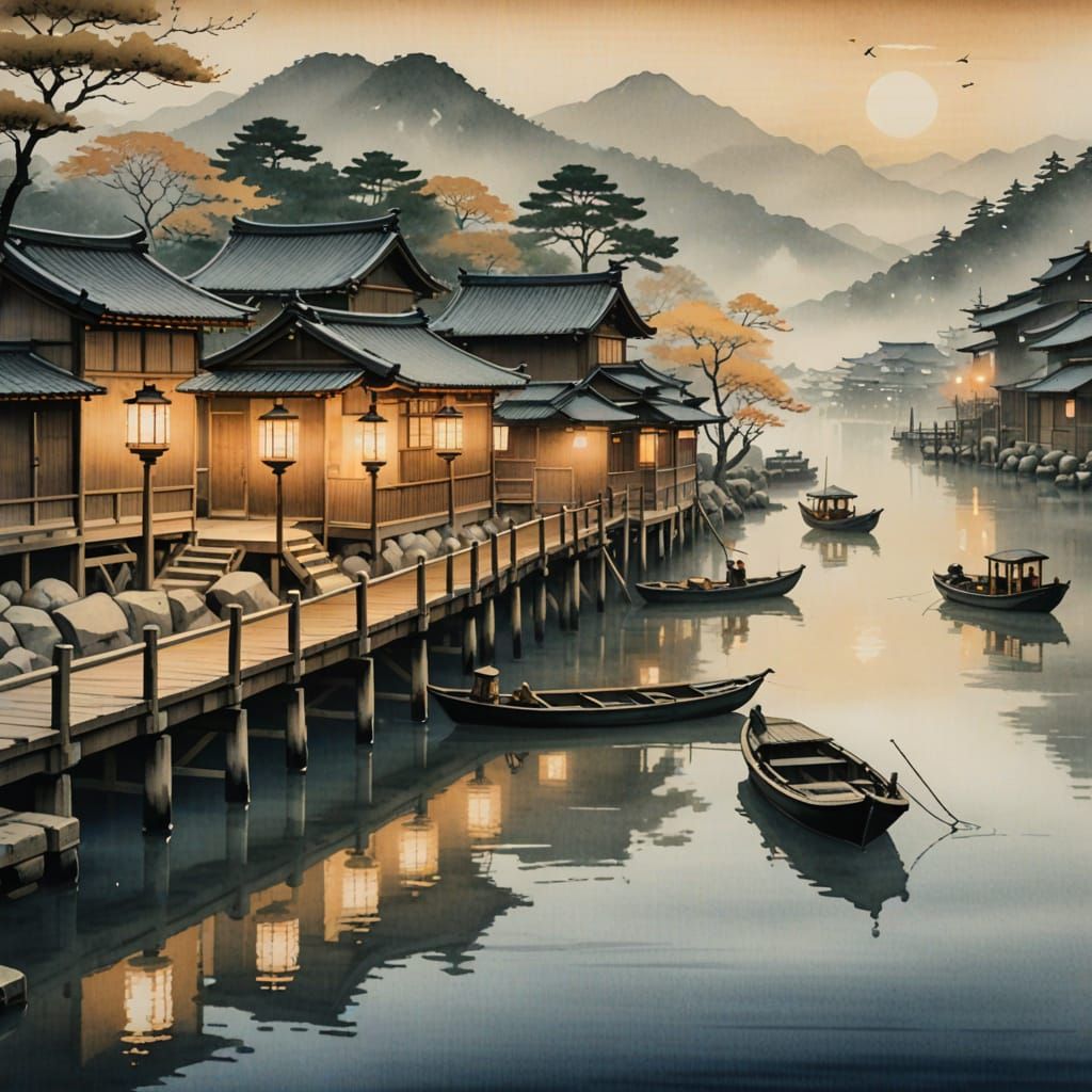Ukiyo-e Japanese Village and Dock with Fishing Boats
