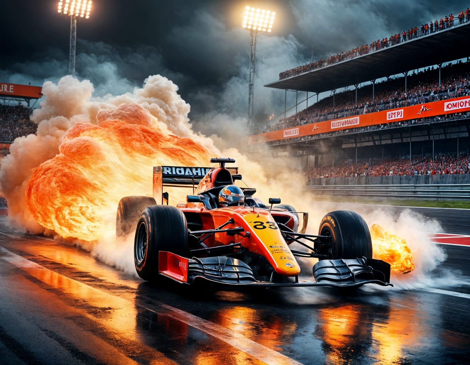 Burning F1 Car: Gouache Impressionist Masterpiece