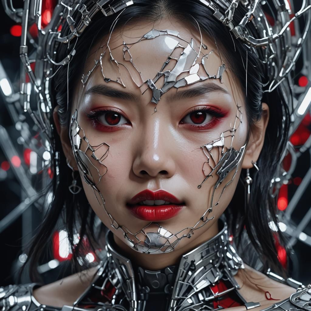 Cybernetic Asian Woman Portrait in Hyperrealistic Style