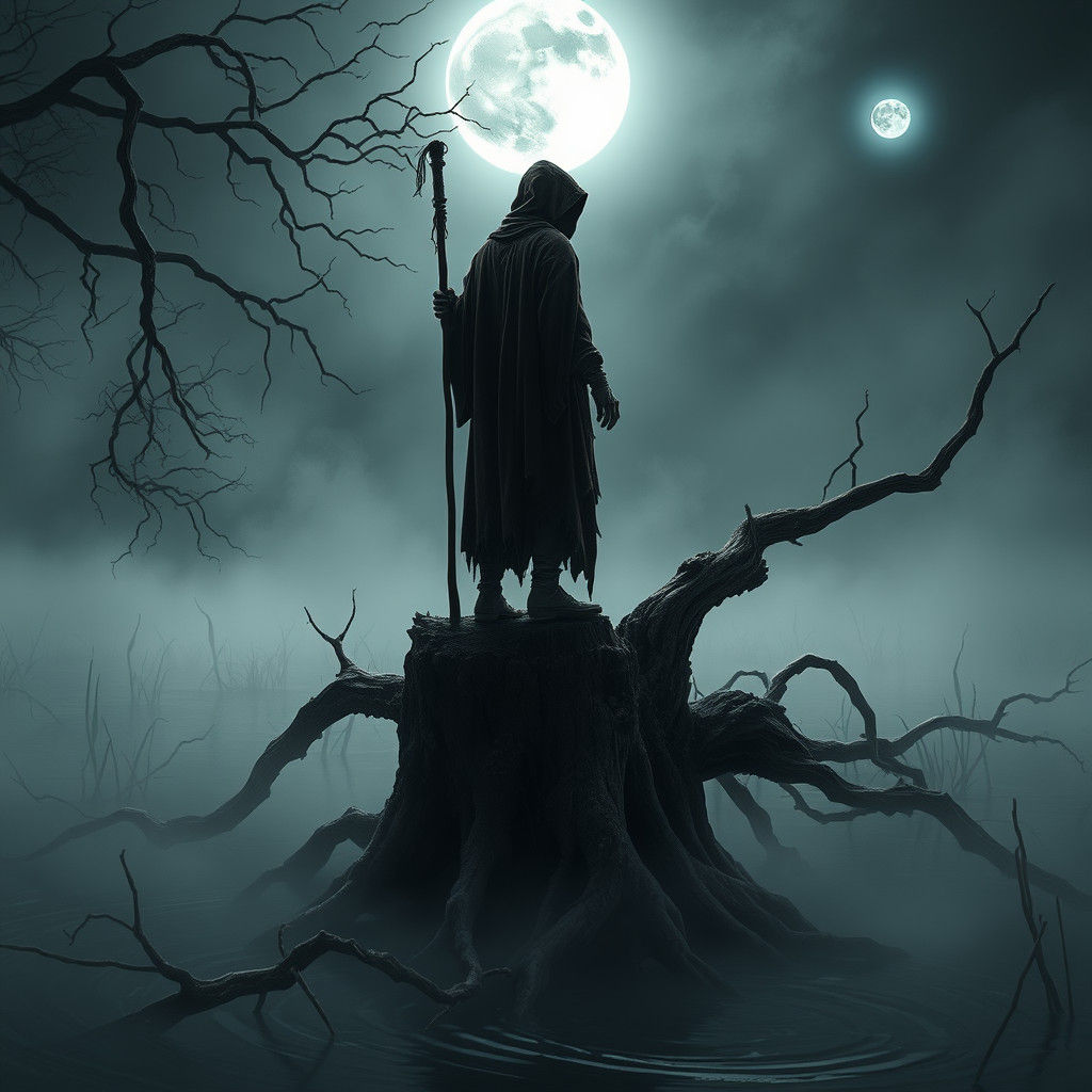 Hooded Figure in Shadowy Marsh Landscape