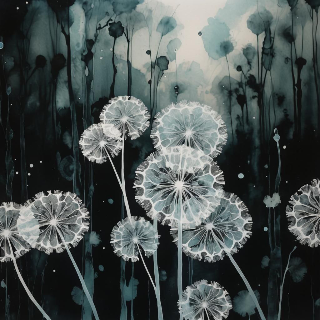 Monochrome Fairy Photogram in Blue Cyan Alcohol Inks