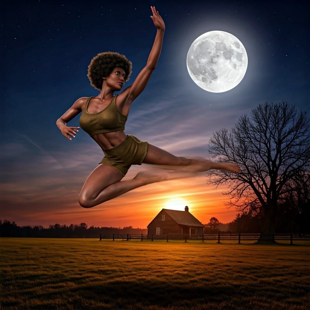 Athletic Woman Jumps in Rural Moonlight
