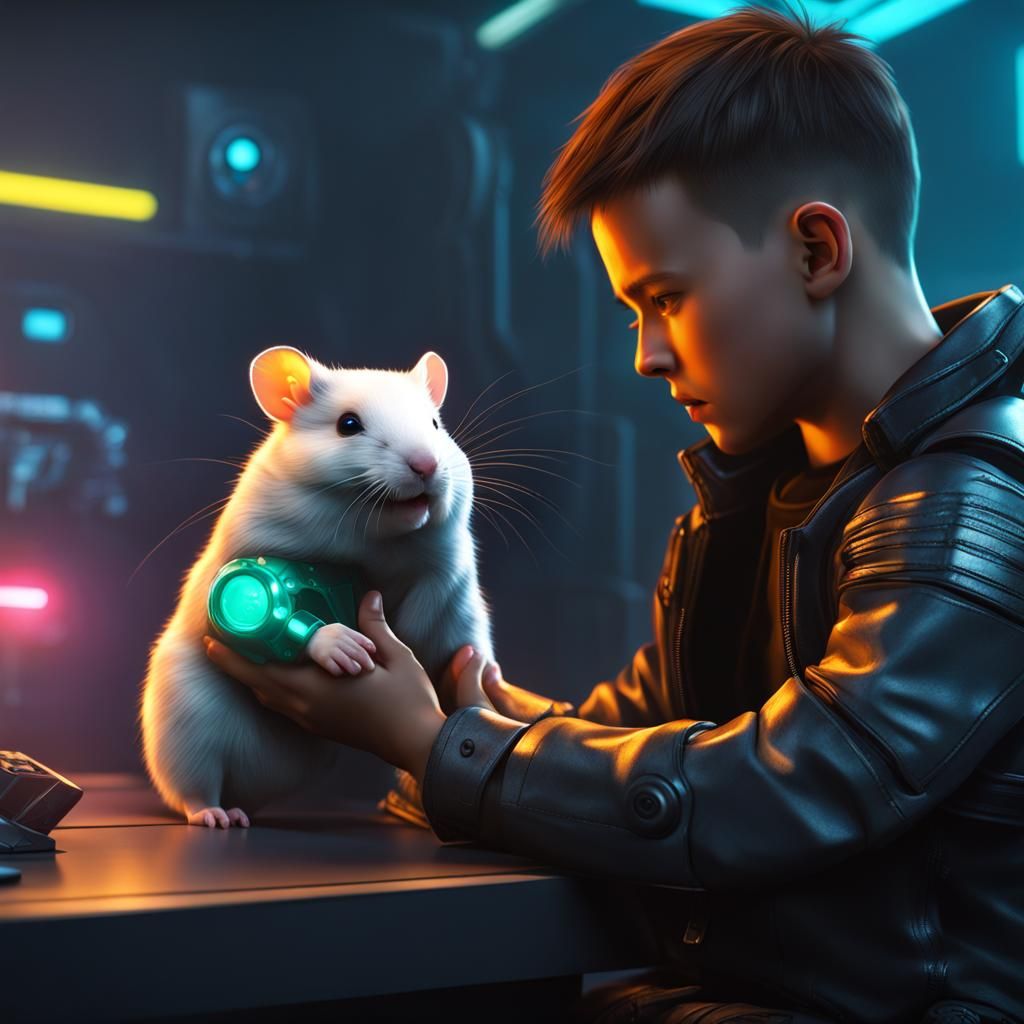 Robot Boy with Cyberpunk Hamster Pet