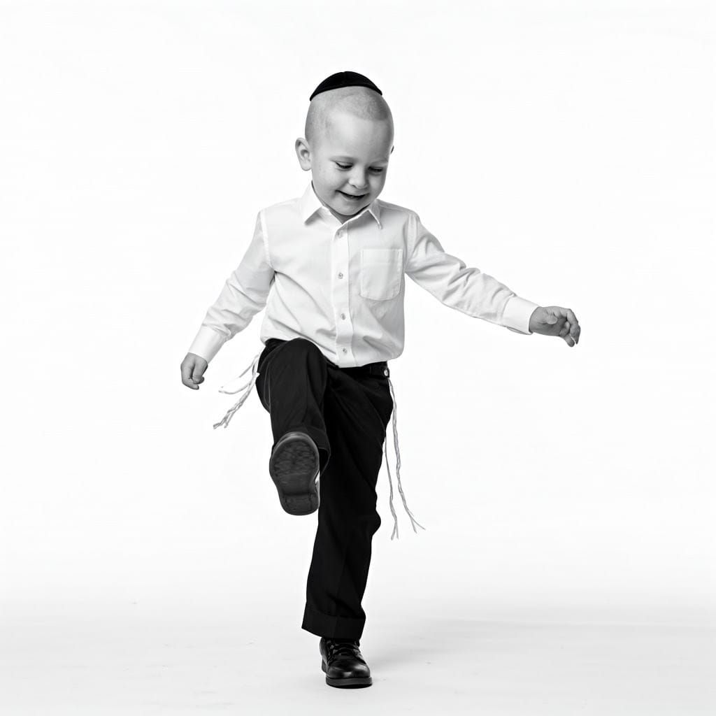 Joyful Hasidic Boy Dances with Abandon in Classic Black-and-...