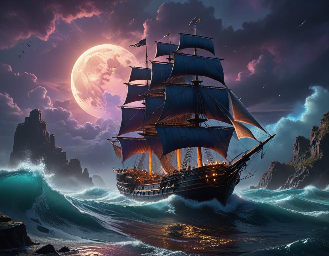 Ship sailing under a pink full moon