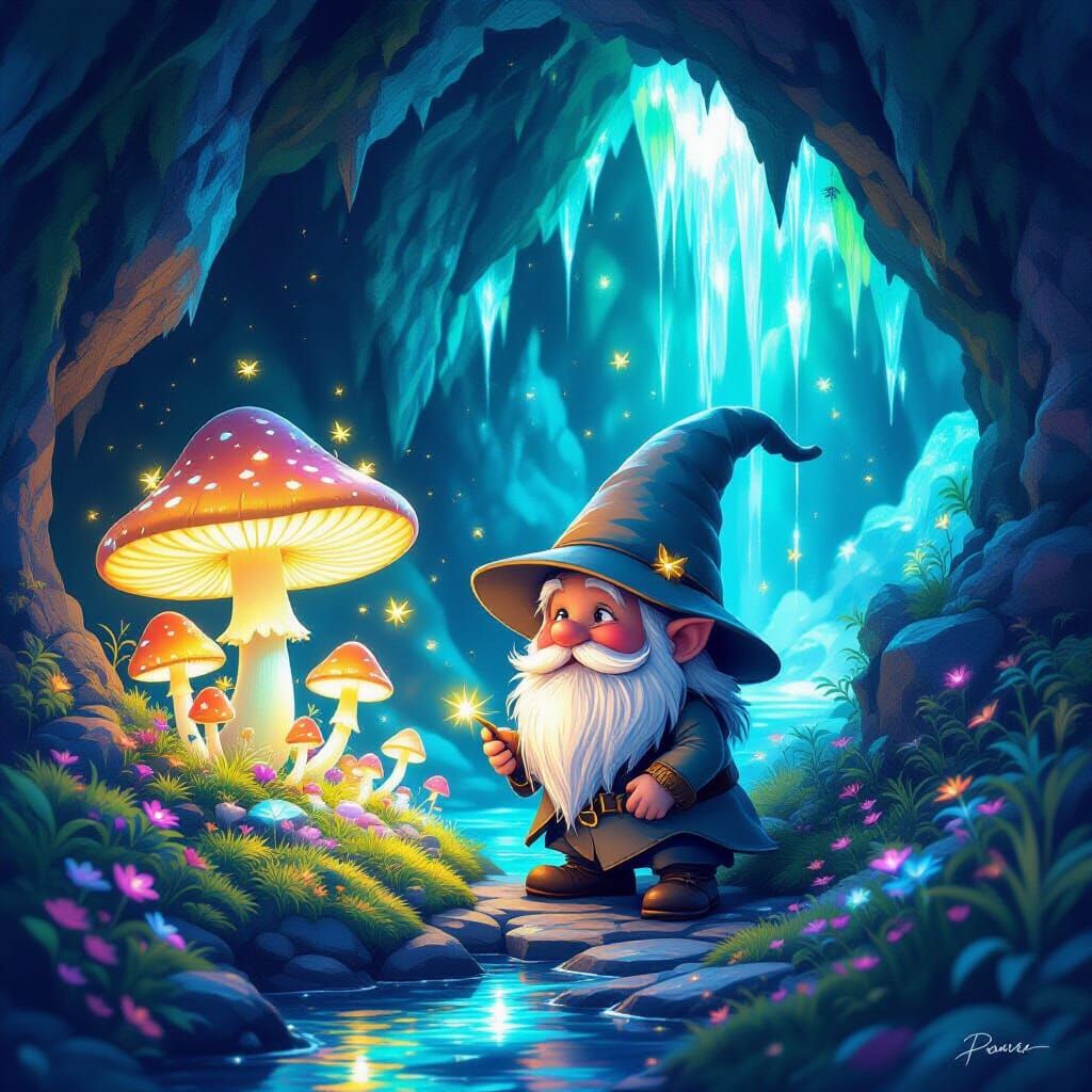 Whimsical Gnome Tends Magical Mushroom Garden in Crystal Cav...