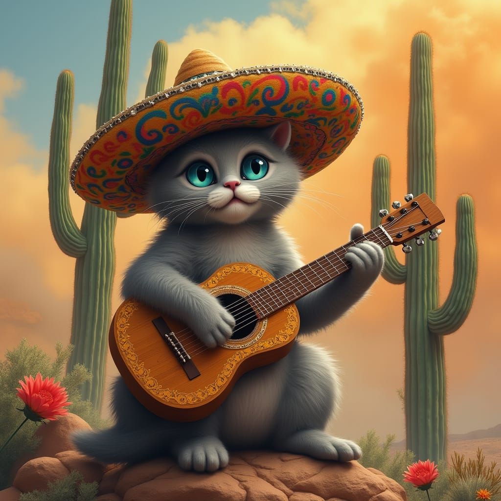 Regal Cat in Vibrant Sombrero, Strumming Guitar Amidst Deser...