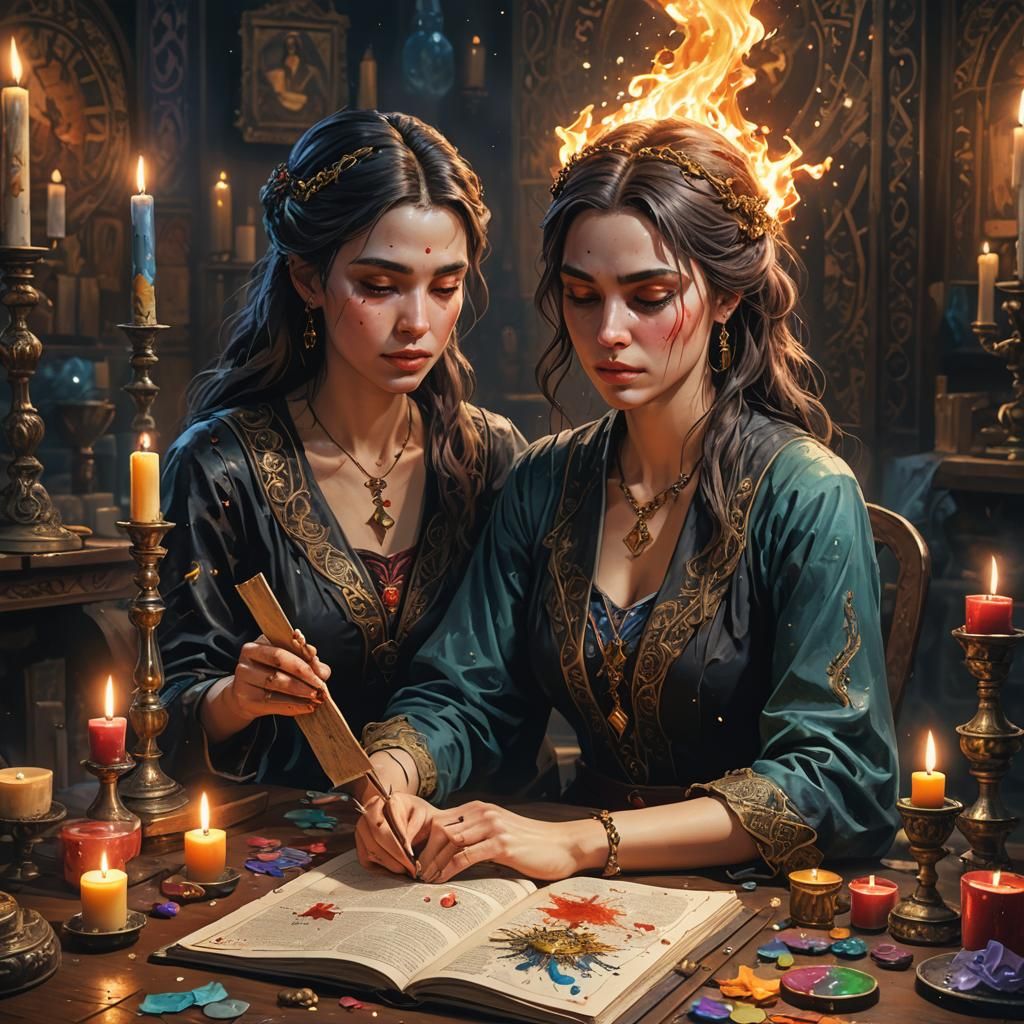 Magical Grimoire with Four-Armed Woman: Hyperrealistic Splas...