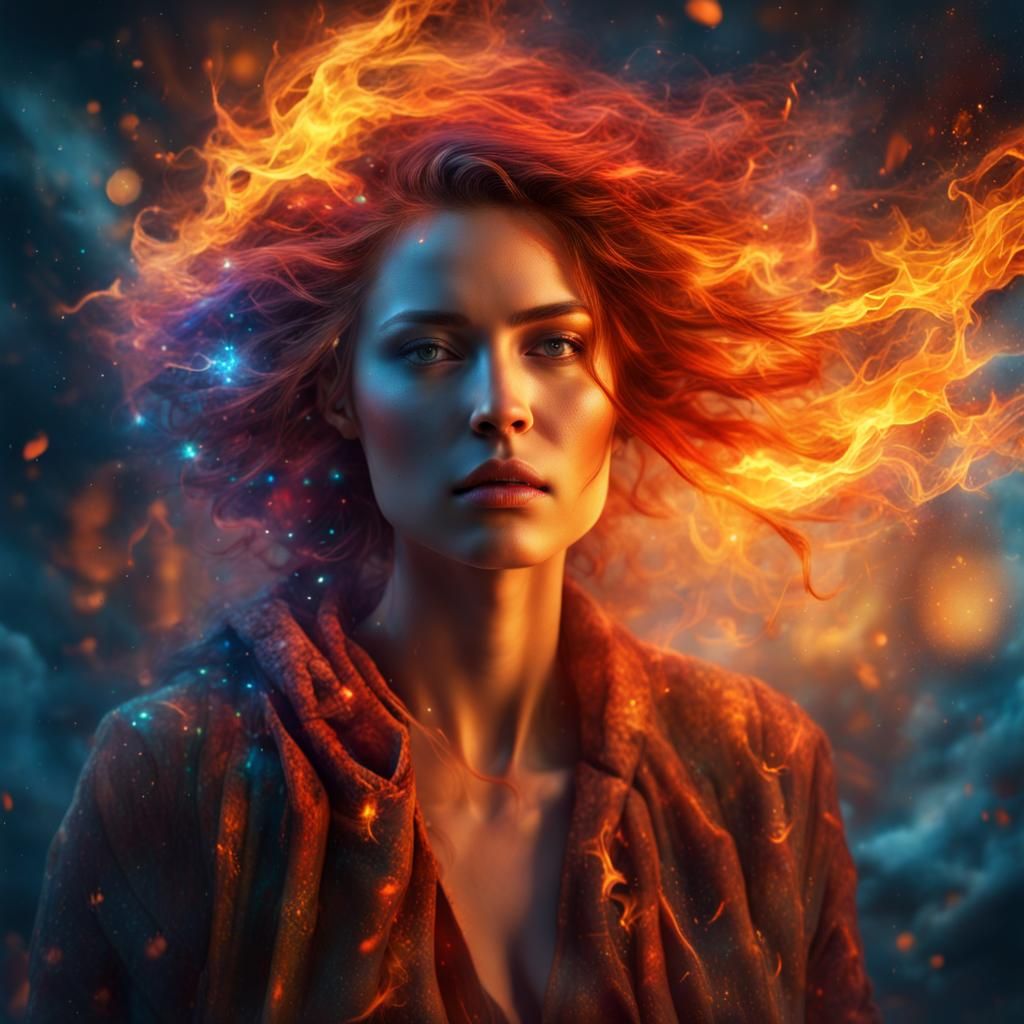 Fiery Woman: Holographic Astral Cosmic Illustration