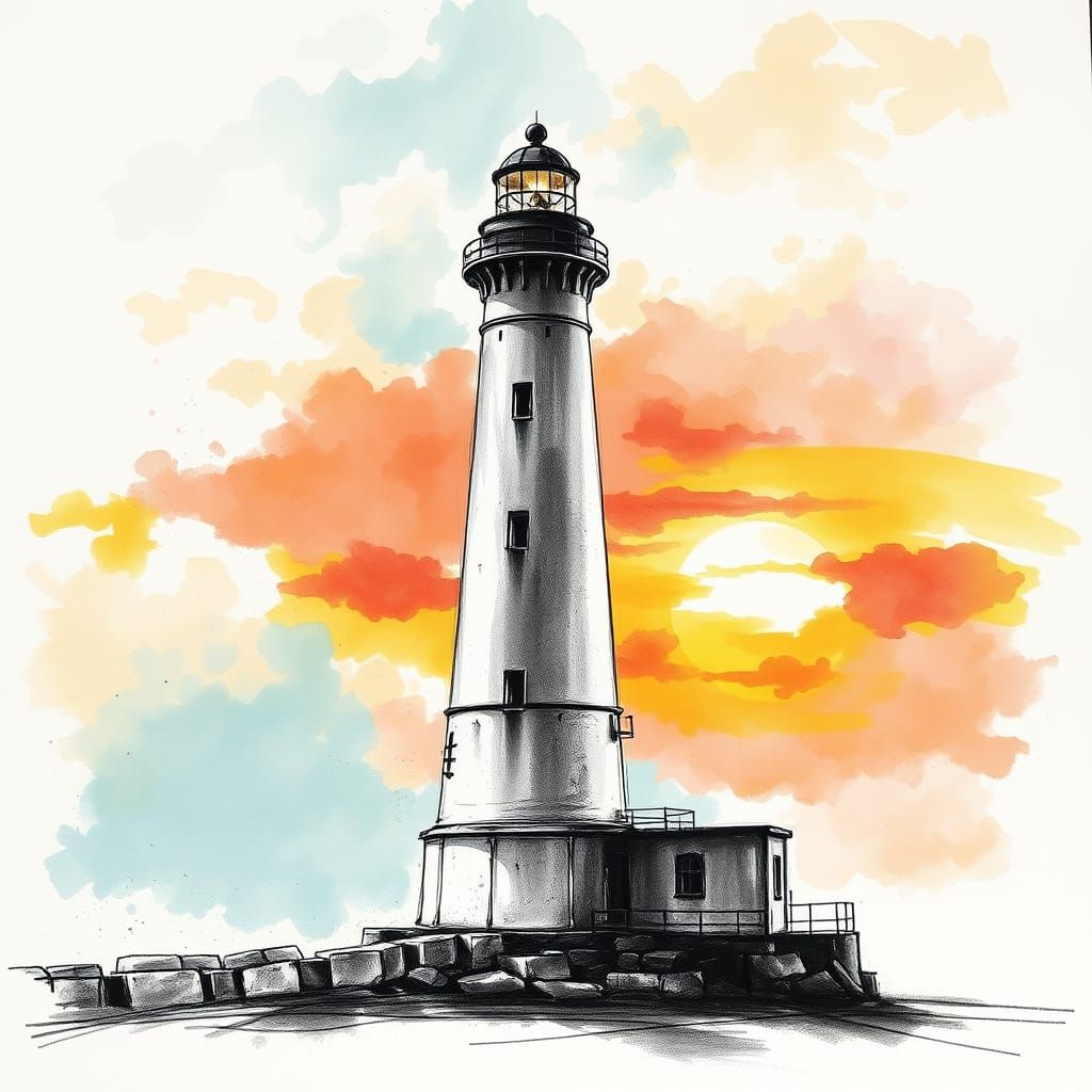 Charcoal Lighthouse at Harbour with Sunset Color Splash
