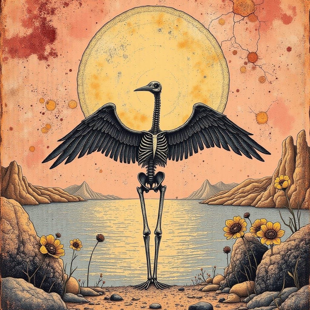 Ethereal Heron Skeleton Rises from Alkalai Lake at Sunrise