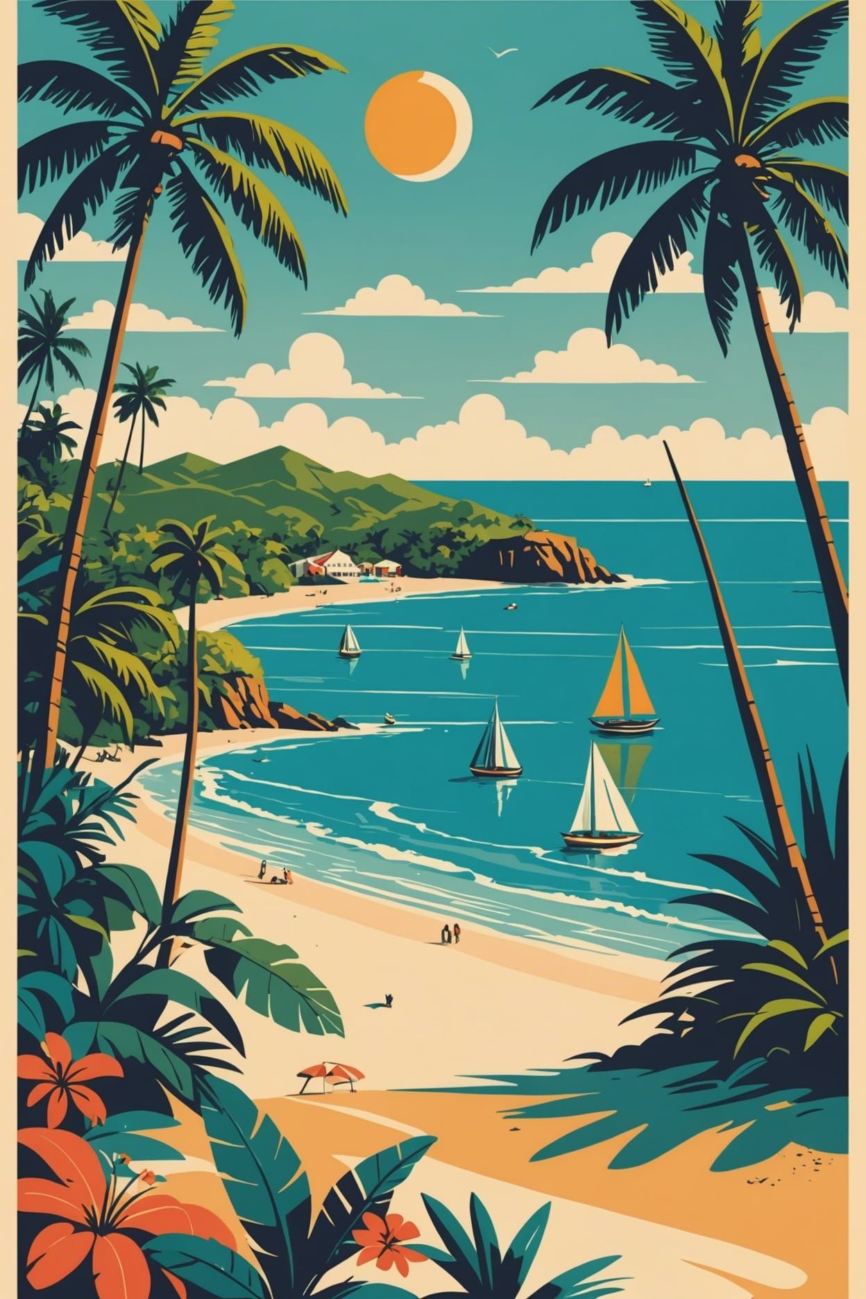 Retro Caribbean Beach Travel Poster Illustration