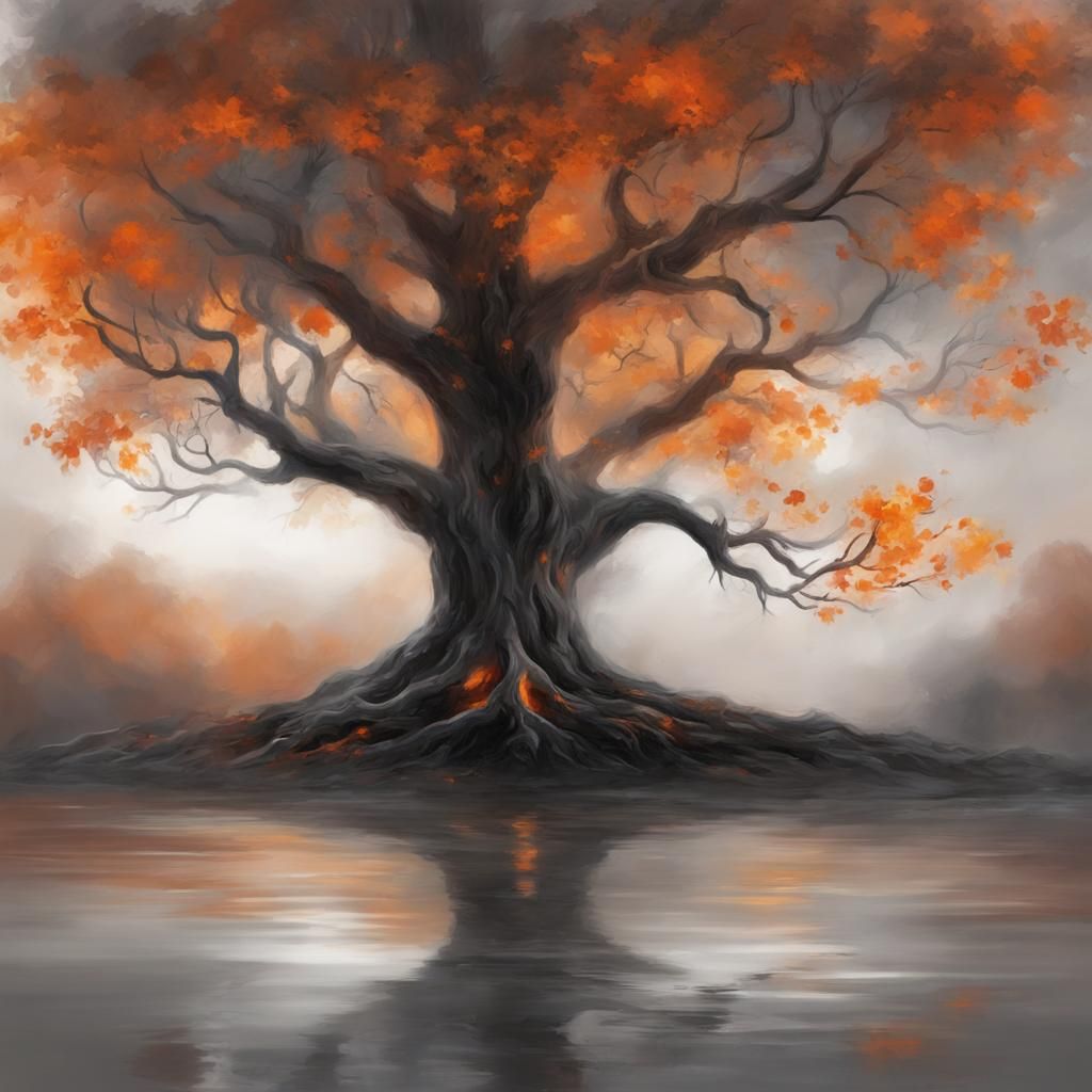 Tree with Orange Leaves: Fantasy Digital Oil Painting