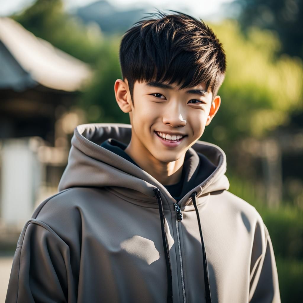 Charming Asian Teen with Hoodie and Joyful Smile