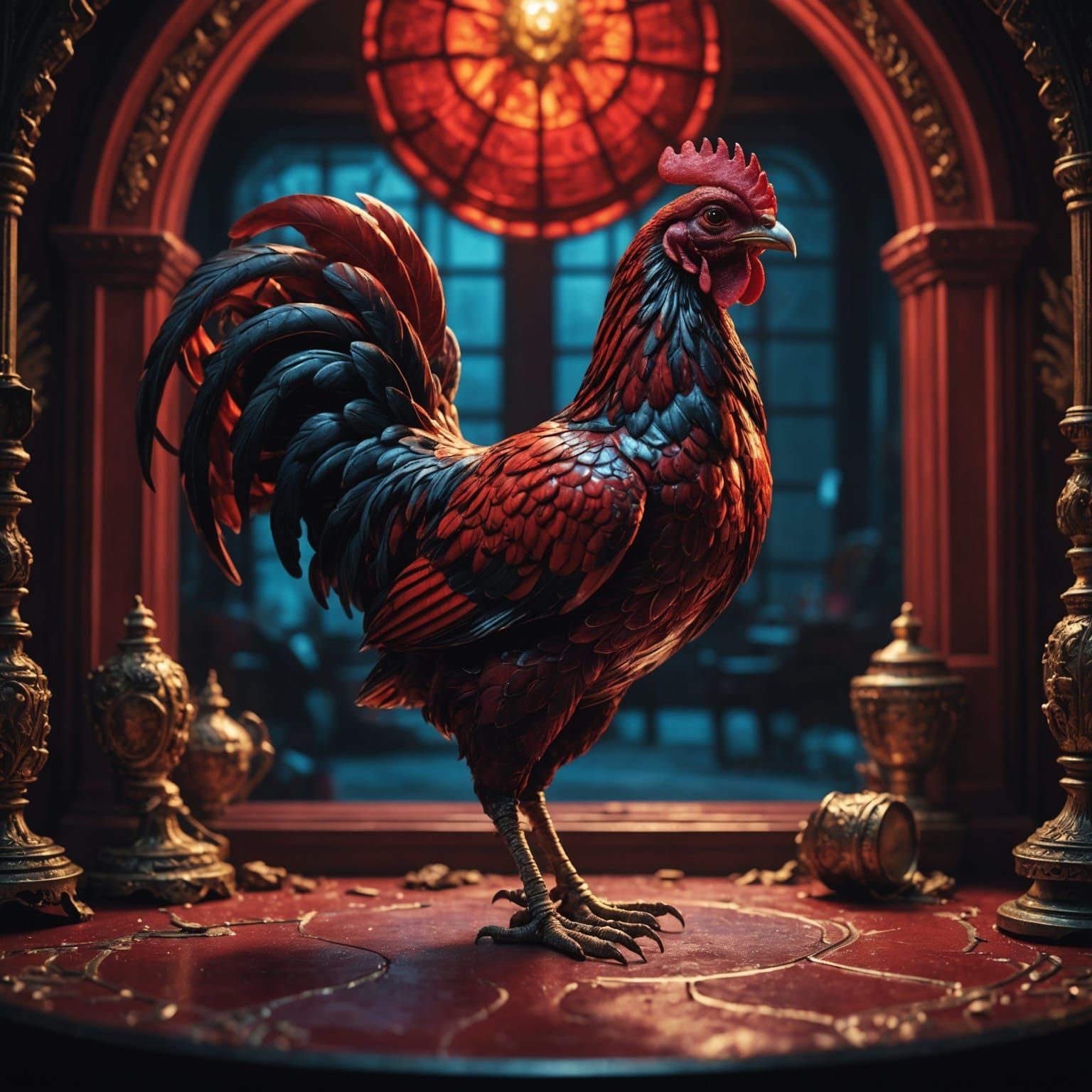 Enamel Red Glass Chicken in Cinematic Style