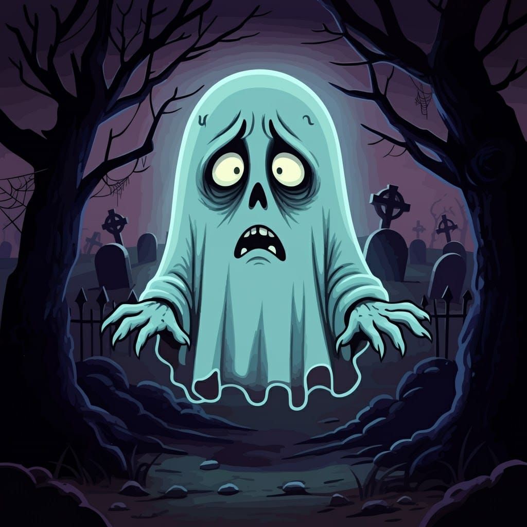 Anxious Ghost in Spooky Graveyard: Cartoon Style