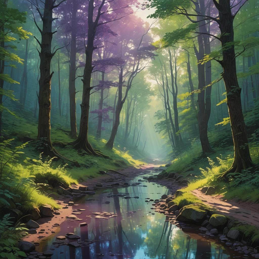Mystical Forest Road with Creek, Matte Painting