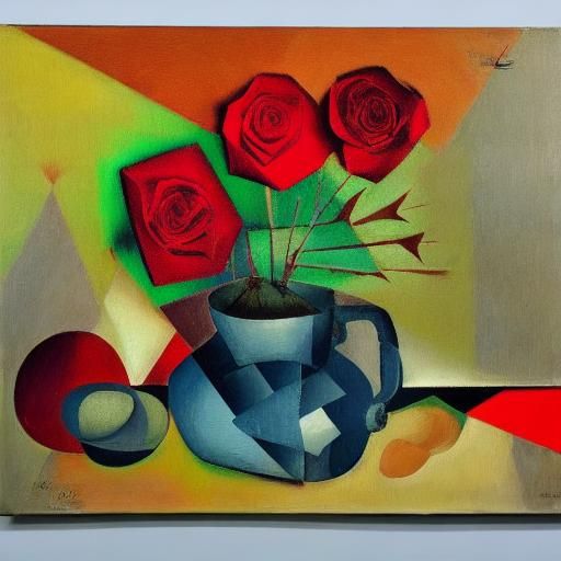 Cubist Still Life: Rose and Frog in Cubist Style