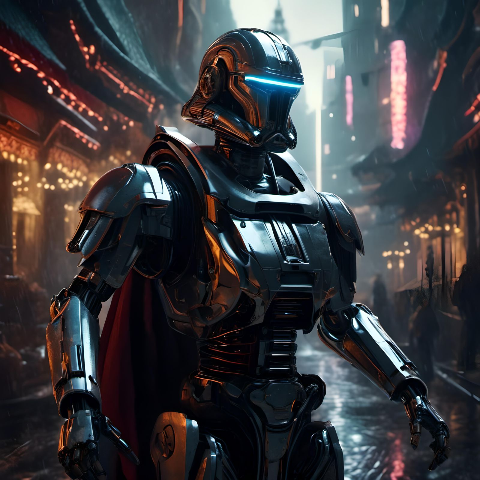 Dystopian Cyborg Merchant in a Cyberpunk City