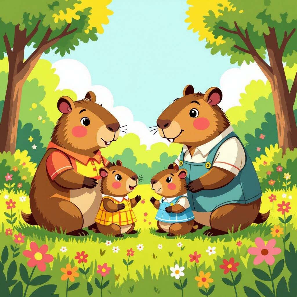 Capybaras Family in Sunny Meadow Cartoon Illustration