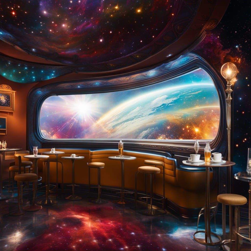 Hyperrealistic Antique Cafe in Space with Nebula