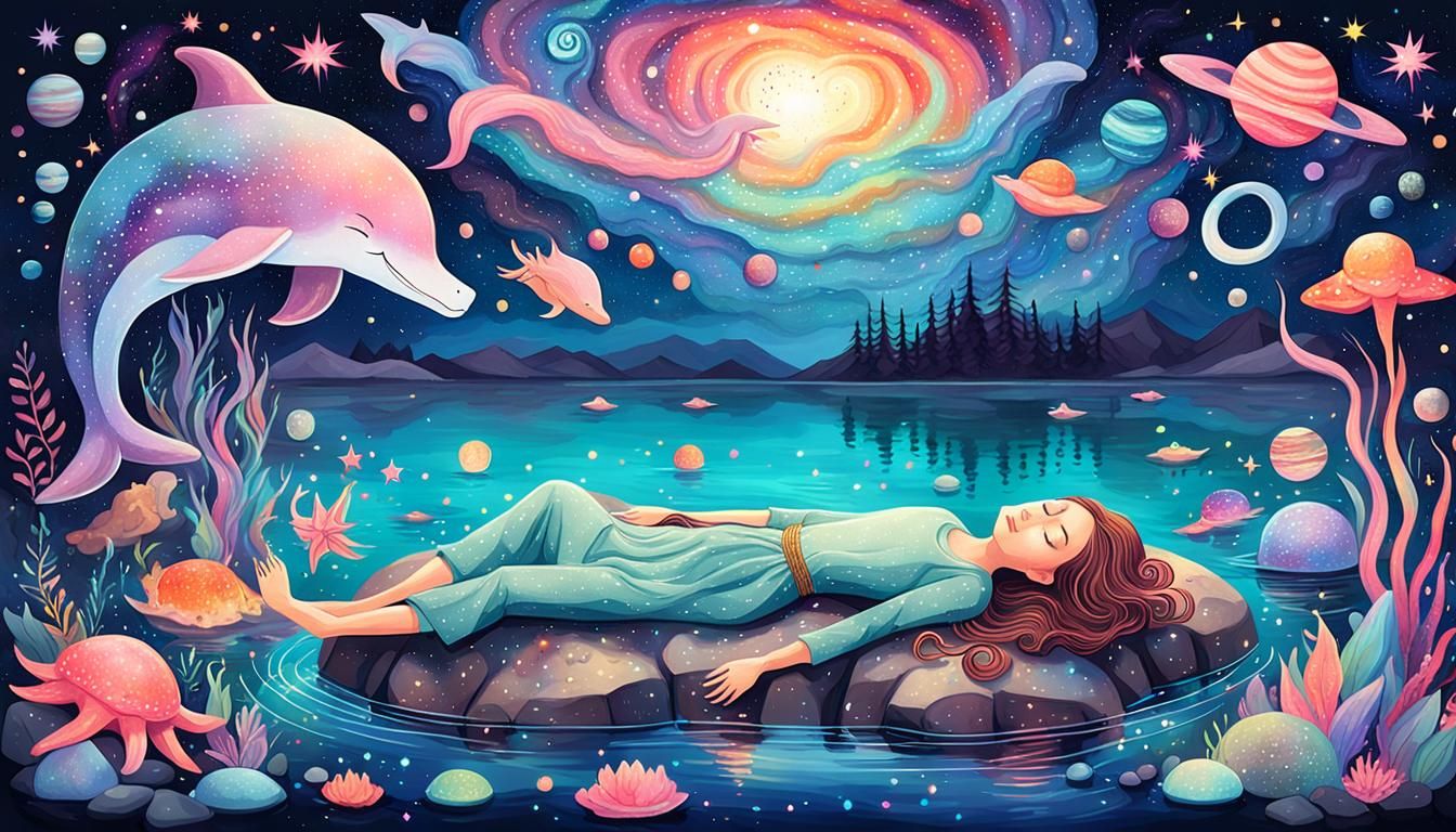 Dreamy Girl with Unicorn in Serene Galaxy Lake