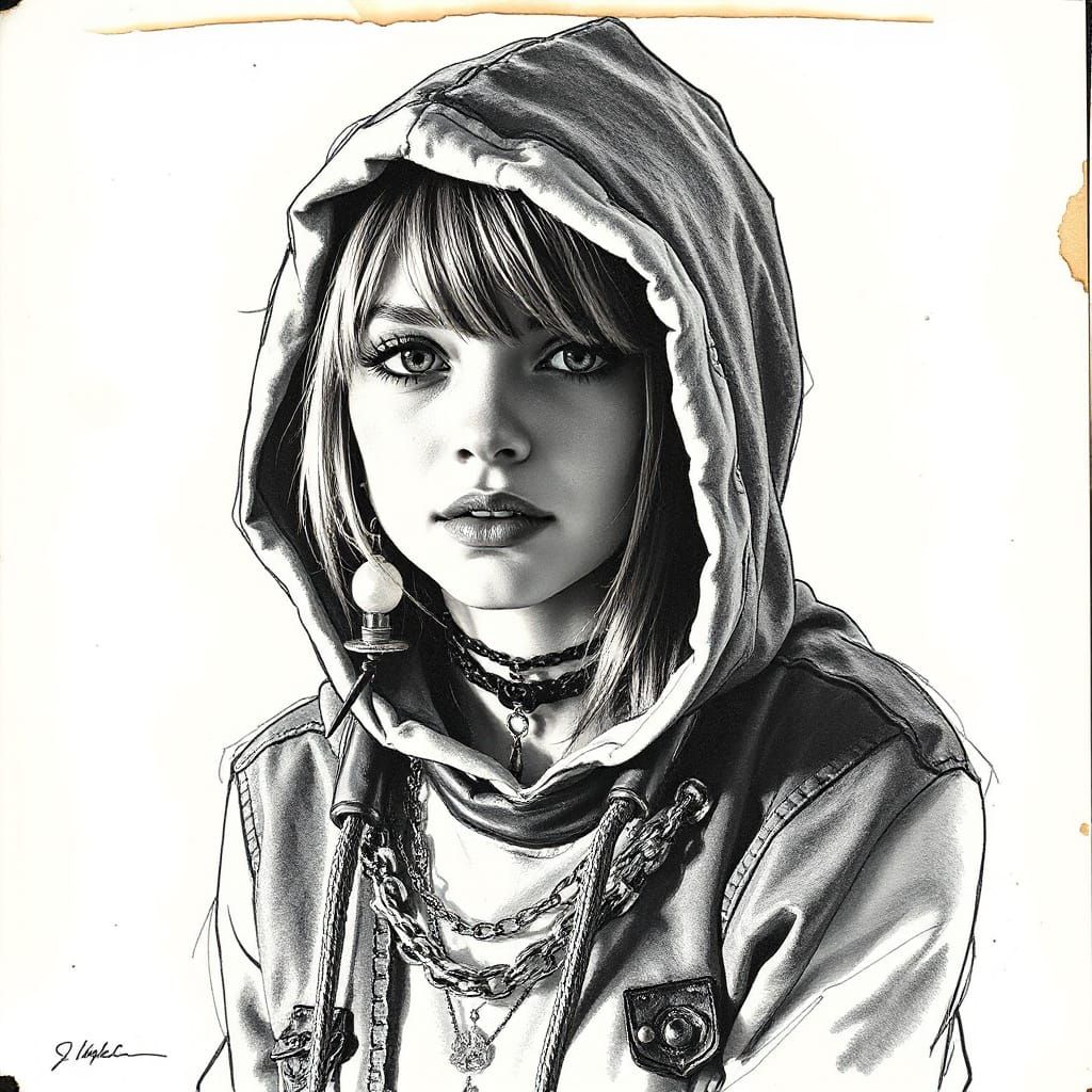 Punk Gothic Girl Sketch with Fire Damaged Edges