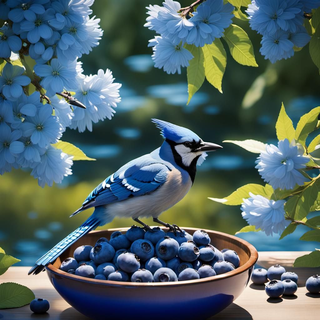 Blue Jay and Blueberries in Azure Dreamscape