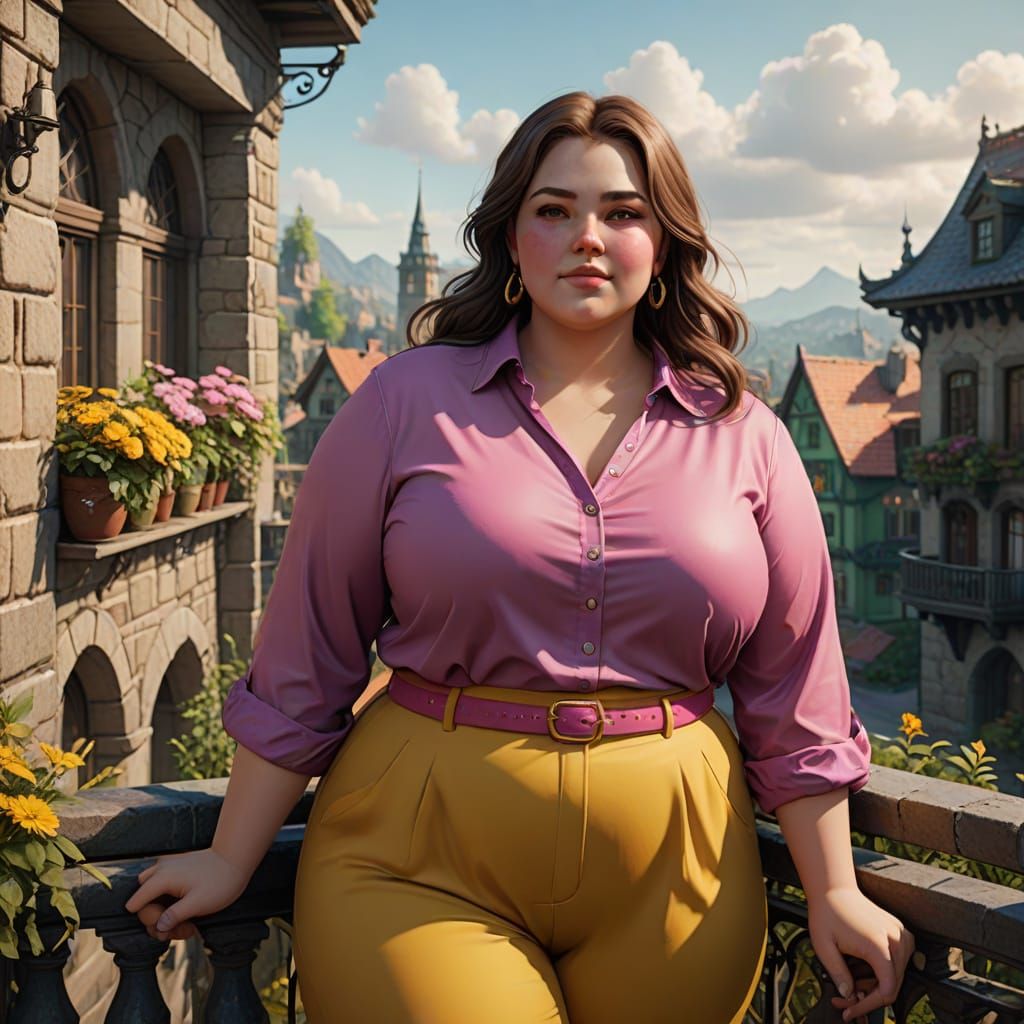 Elegant Woman Contemplates from Balcony in Whimsical Style