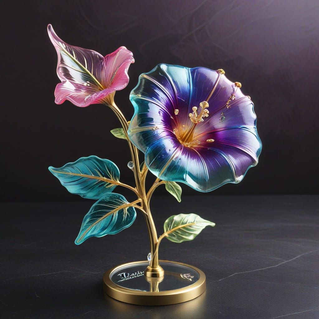 Elegant Glass Morning Glory Statue with Crystal Leaf