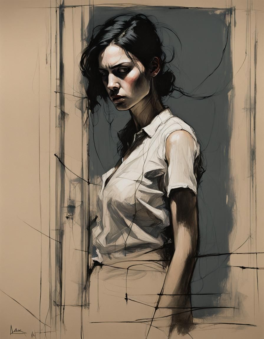 Angry Woman by Window: Technical Sketch Art