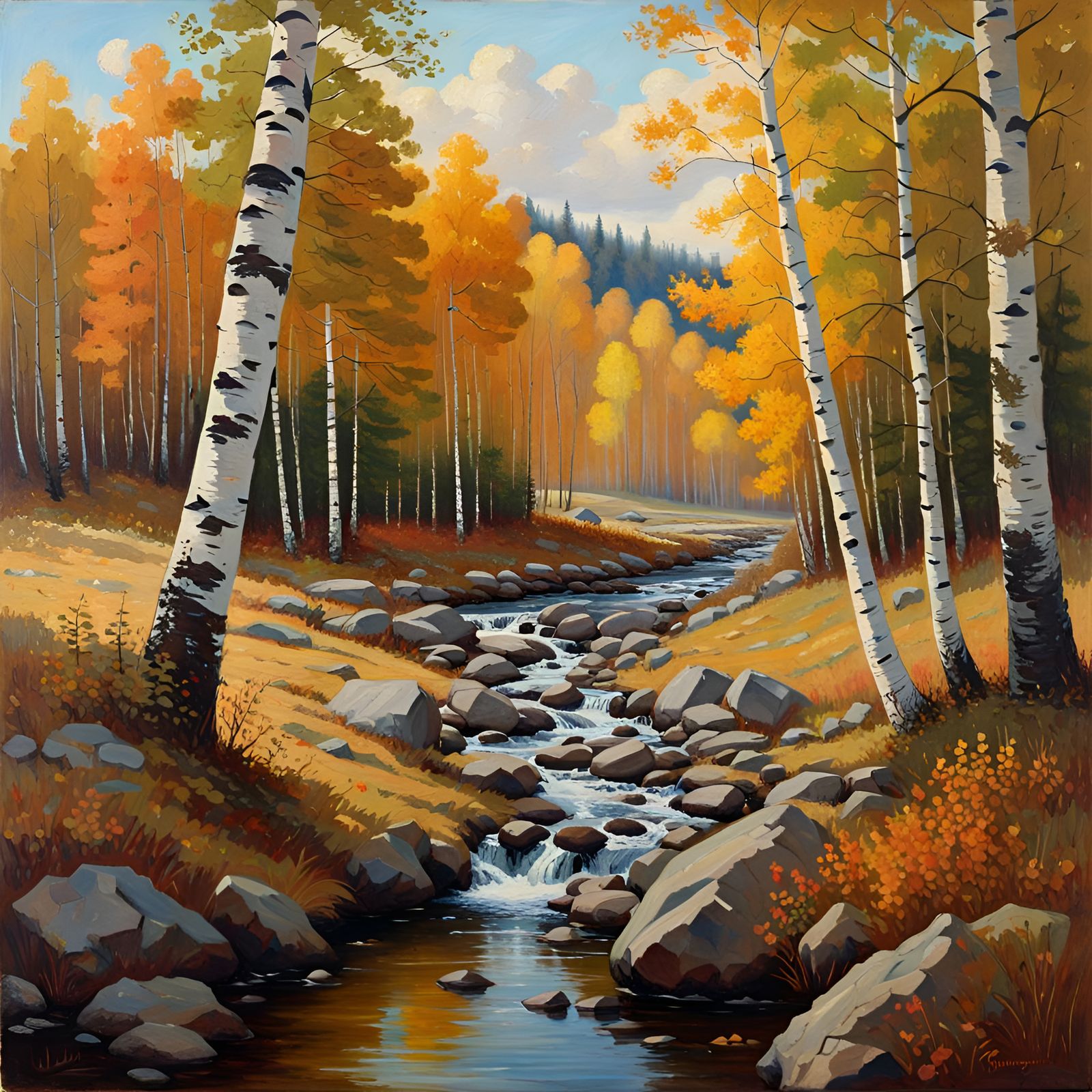 Autumn Birch Forest Stream: Oil Painting