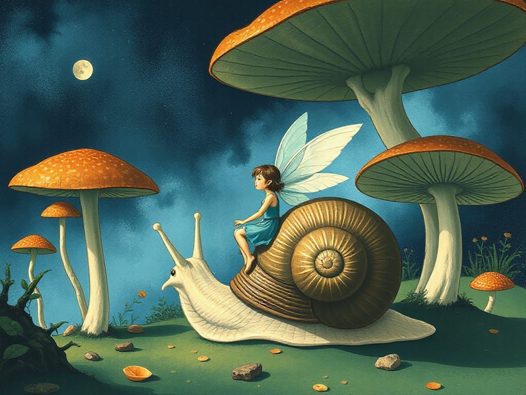 Fairy Rides Snail Under Mushrooms in Ukiyo-e Style