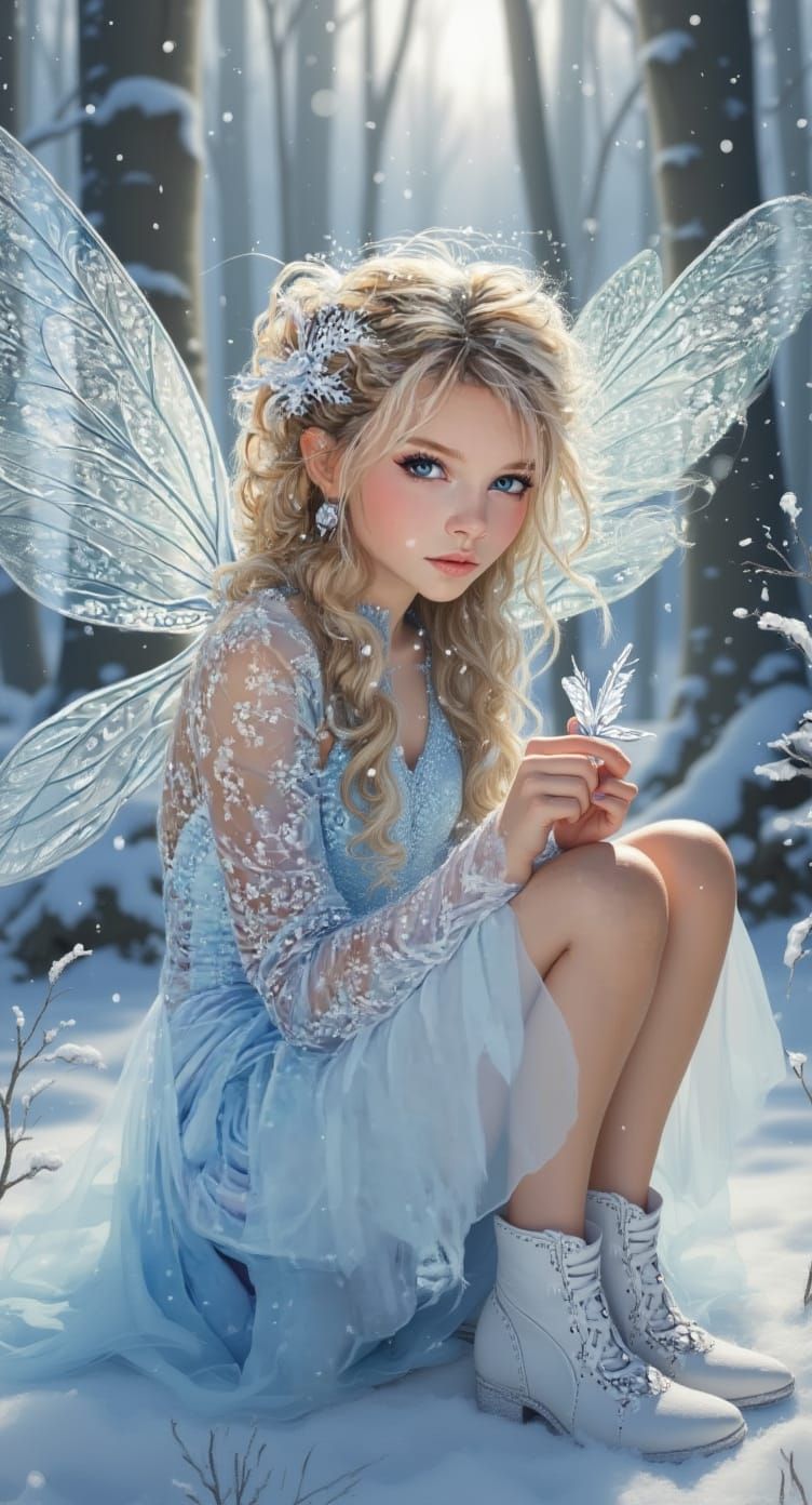 Melancholic Snow Fairy in Winter Forest Digital Painting